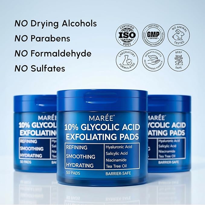 MAREE Glycolic Acid Resurfacing Pads - Toner Pads for Face Cleansing - Exfoliating Pad with Tea Tree Oil, Salicylic Acid & Vitamins E, B3, B5 - Acne Treatment Device for Pore Resurfacing - 50 Count