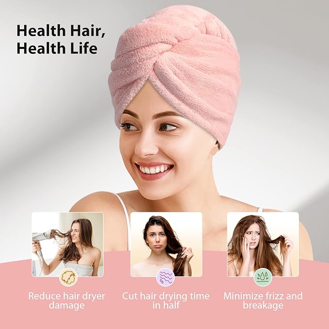 YFONG 3 Pack Microfiber Hair Towel Wrap for Women Girls, Super Absorbent Turban Towels for Drying Wet Hair, Anti Frizz Head Towels for Curly All Hair Style, Turbie Twist (Pink,White, Gray)
