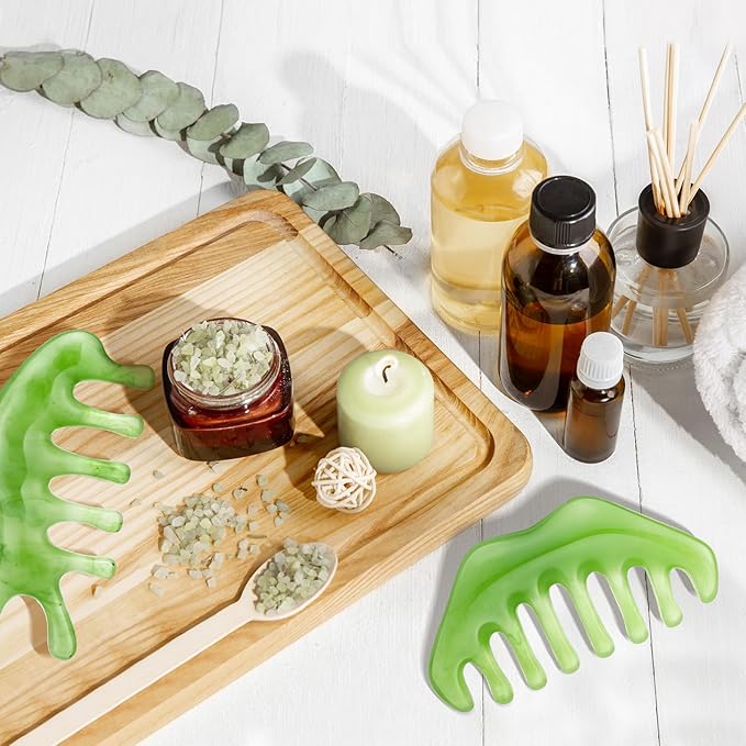 Geiserailie 2 Pcs Jade Combs Esthetician Supplies Massage Stone Hair Gua Sha Scraping Scalp Comb Facial Massage Tool Handheld Head Tools Head Caring Therapy Mother's Day for Women(Fashion Style)