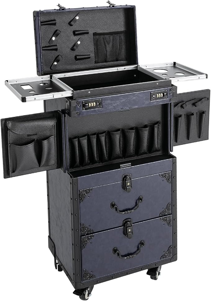 Bepritm Rolling Makeup Case, Large Retro Train Case Hairdressing Trolley with Universal Casters & Combination Lock, Travel Hair Tool Organizer for Barber, Beauty Stores, Nail Salons (Blue)