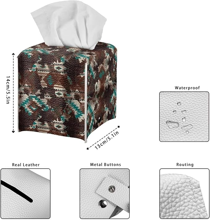 Aztec Cowhide Minimalist Tissue Box Holder, Square PU Leather Napkin Organizer with Secure Metal Button, Waterproof and Stain-Resistant Tissue Cover for Home, Kitchen, and Automotive Use