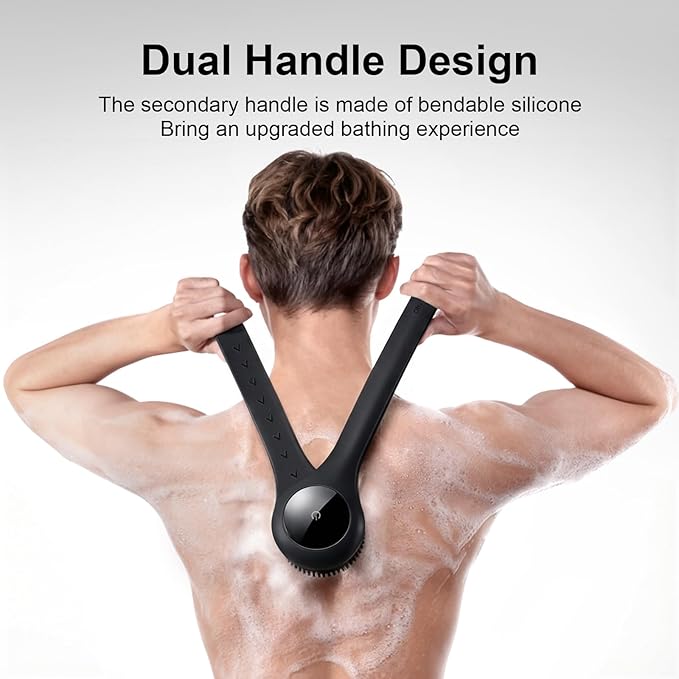 Electric Body Brush Back Scrubber for Shower, Waterproof Long Dual Handle Power Body Scrubber with 3 Heads, Bath Brush & 2 Speeds, for Cleansing, Exfoliating and Massaging Skin, Black