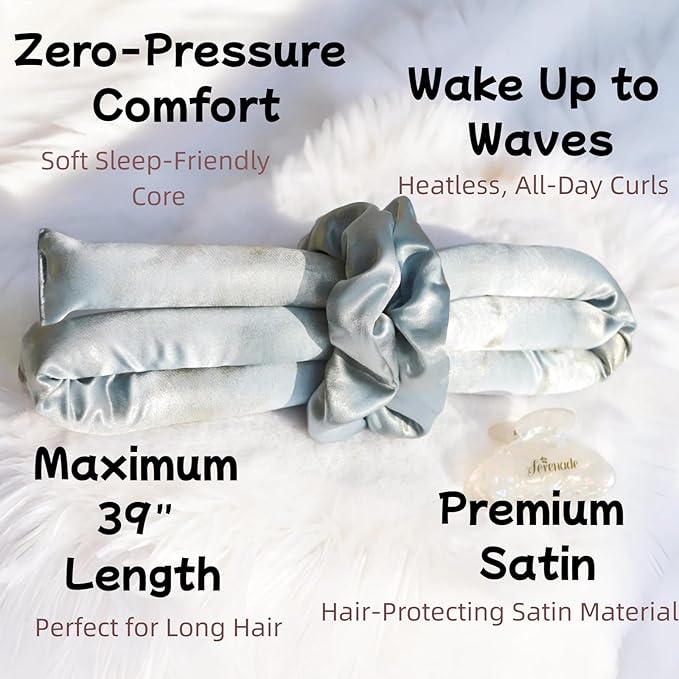 Serenade Sparkling Satin Heatless Hair Curler, Heatless Curling Rod Headband, No Heat Curling Rod Hair Roller for Women and Girls to sleep in, Blue