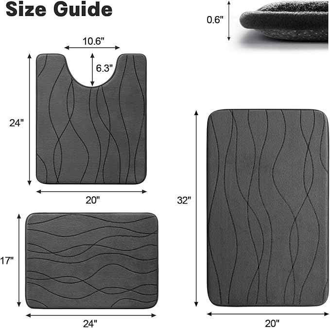 YIHOUSE Memory Foam Bathroom Rug Set, 3 Pieces - Dark Grey (Ultra Soft, Absorbent, Non-Slip, Machine Washable)