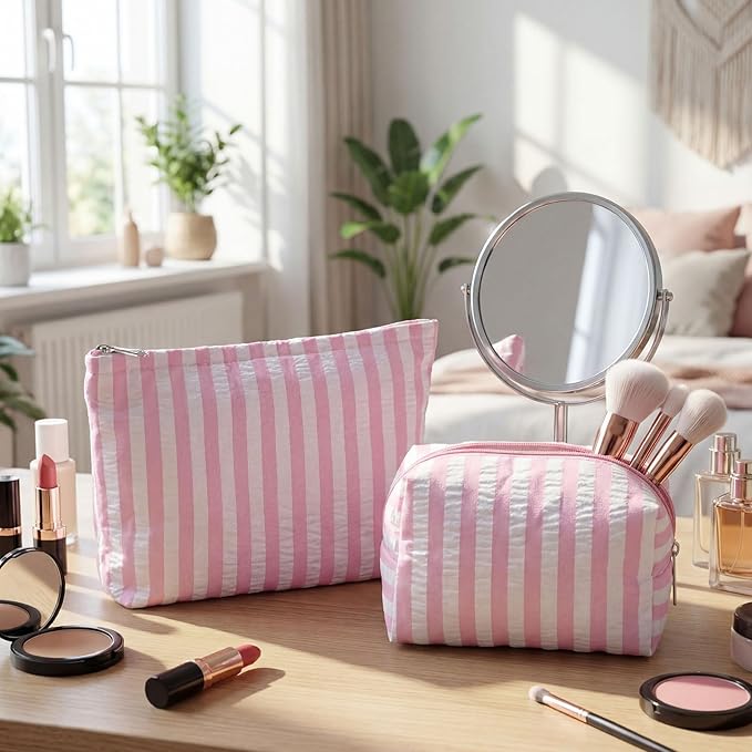 2 Pcs Makeup Bag Set Cute Cosmetic Pouch for Women Seersucker Travel Toiletry Bag Preppy Small Makeup Purse Pouch Aesthetic Skincare Brushes Storage Organizer for Valentine Women(Pink Wide)