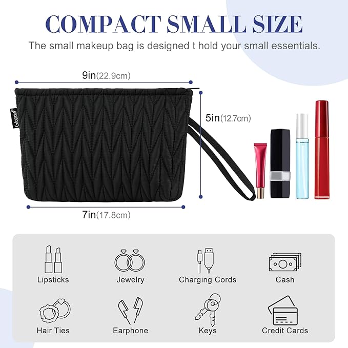 Gloppie Black Makeup Bag Small Cosmetic Bag for Purse Puffy Padded Makeup Pouch Wristlet Pouch Teacher Gifts for Women
