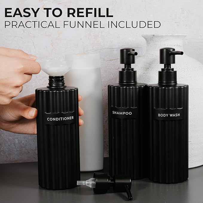 Stylish Shampoo and Conditioner Dispenser Set of 3 - Modern 19oz Shower Soap Bottles with Pump and Labels - Easy to Refill Body Wash Dispensers for an Instant Bathroom Decor Upgrade