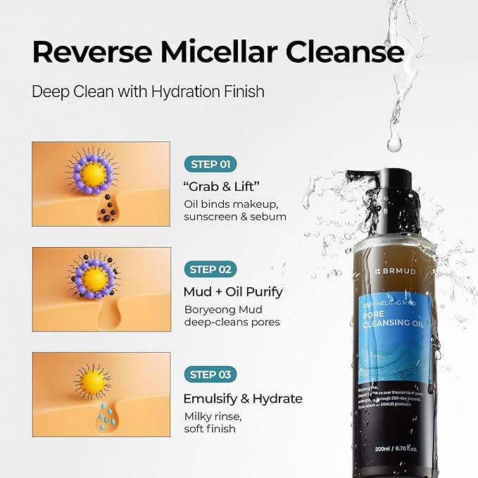 BRMUD Deep Melting Mud Pore Cleansing Oil - Gentle Make Up Facial Oil Cleanser with Boryeong Mud, Sunflower Seed & 7 Fermented Oils - Vegan & Non-Comedogenic Korean Skincare (6.76 fl oz)