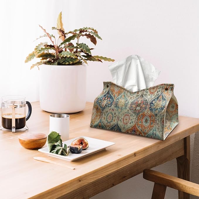 Boho Tissue Box Cover Rectangle, Orange Tissue Box Decorative Vintage Boho Decor Tissue Holder, Farmhouse PU Leather Cottagecore Decor for Bathroom Kitchen Desk 9.8x5.9x5.9