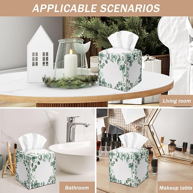 Eucalyptus Leaves Tissue Box Cover Square with Bottom Belt, Leather Waterproof Tissue Holder Facial Paper Case for Tabletop Home Office Bathroom Car Decor -02
