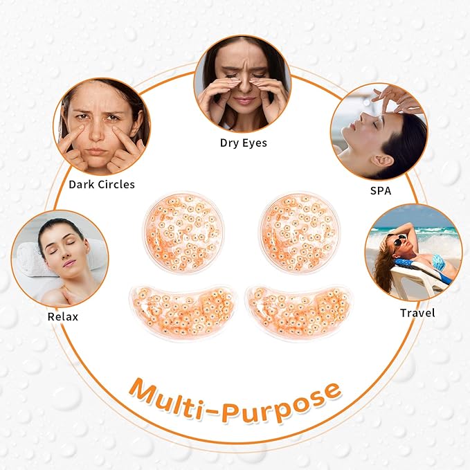 4PCS Gel Eye Ice Pack Set, Cold & Hot Compress, Reusable Cooling Gel Pads for Strain Relief, Relaxation, SPA and Sleep (4 Orange Flowers)