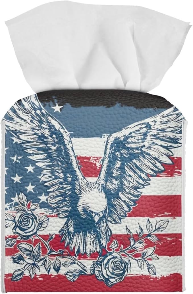 American Flag Eagle Tissue Box Holder Waterproof PU Leather Square Modern Tissue Box Cover with Metal Button Napkin Holder for Home Office Car