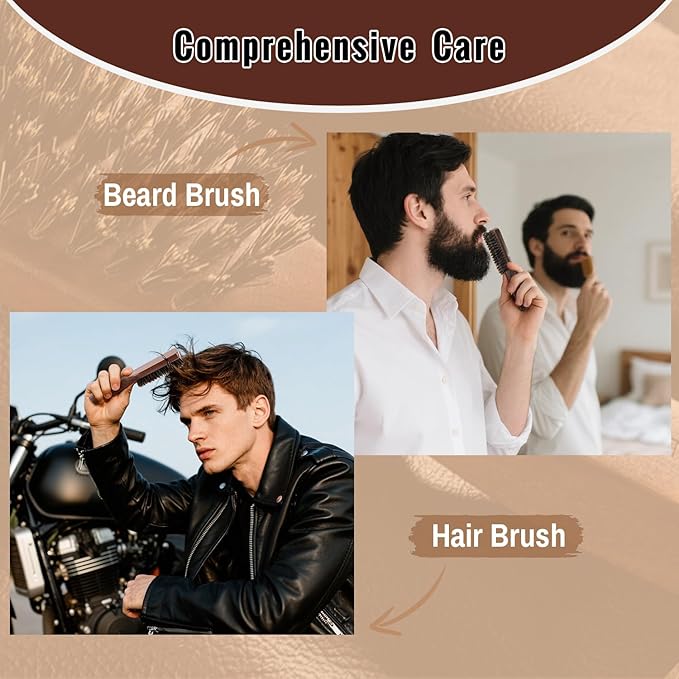 GAINWELL Mens Wild Boar Bristle Hair Brush for Men, Slick Back Hair Brush with Stiff Bristles for Thick Hair, Natural Black Walnut Wooden Handle Hairbrush, Beard Mustache Brush Comb