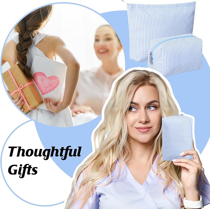 2 Pcs Makeup Bag Set Cute Cosmetic Pouch for Women Seersucker Travel Toiletry Bag Preppy Small Makeup Purse Pouch Aesthetic Skincare Brushes Storage Organizer for Valentine Women(Blue)