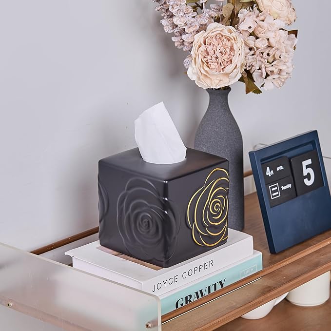 Black Ceramic Cube Tissue Box Cover with Gold Rose – Large Elegant Rose Floral Square Decorative Tissue Box Holder for Bathroom, Bedroom, Office Desk, Kitchen Counter – Perfect Housewarming Gift