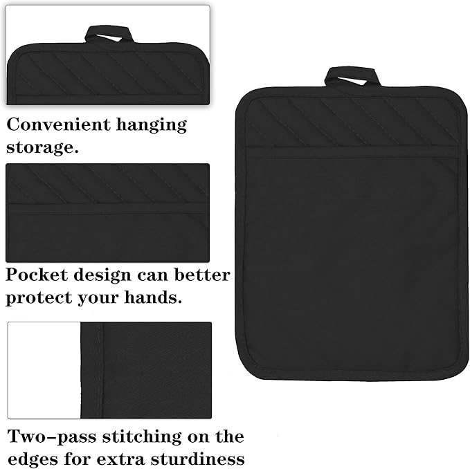 Oven Pot Holder with Pocket Cotton Heat Resistant Coaster Potholder Kitchen Hot Pad Oven Mitts for Cooking Square 7"x9"Set of 5 (Black)