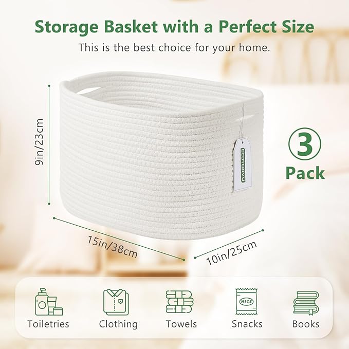 Cotton Rope Storage Basket, 15x10x9 Inches, Woven Basket for Shelves, Clothes, Towels, Books, and Laundry, White (3 Pack)