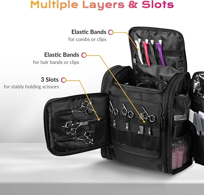 BYOOTIQUE 2in1 Soft Sided Rolling Makeup Train Case Travel Backpack For Hair Stylist Tools Curling Iron Straightener Salon Barber Shop, Black