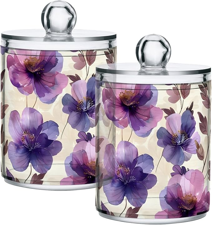 ALAZA 2 Pack Qtip Holder Dispenser for Cotton Ball Purple Tulip Flower Beige Swab Cotton Round Pads Clear Plastic Acrylic Jar Set Bathroom Canister