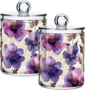 ALAZA 2 Pack Qtip Holder Dispenser for Cotton Ball Purple Tulip Flower Beige Swab Cotton Round Pads Clear Plastic Acrylic Jar Set Bathroom Canister