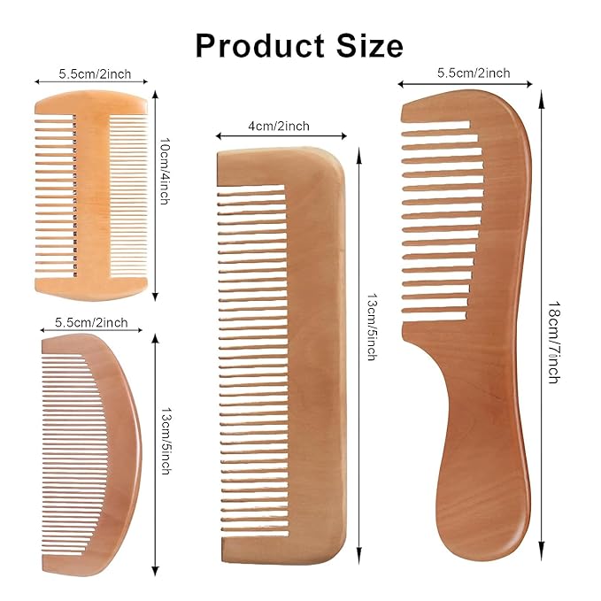 4 Pcs Natural Bamboo Comb Set for Women & Men - Wide Tooth Detangling, Beard & Labor Combs for Curly, Thick, Wavy Hair with Gift Bag