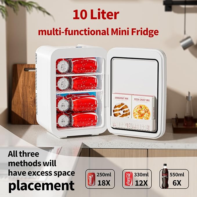 10L Portable Mini Fridge, AC/DC Thermoelectric Cooler and Warmer, Compact Refrigerator with Removable Shelves for Bedroom, Office, Dorm, Car, Camping, Skincare & Food Storage (White 16L)