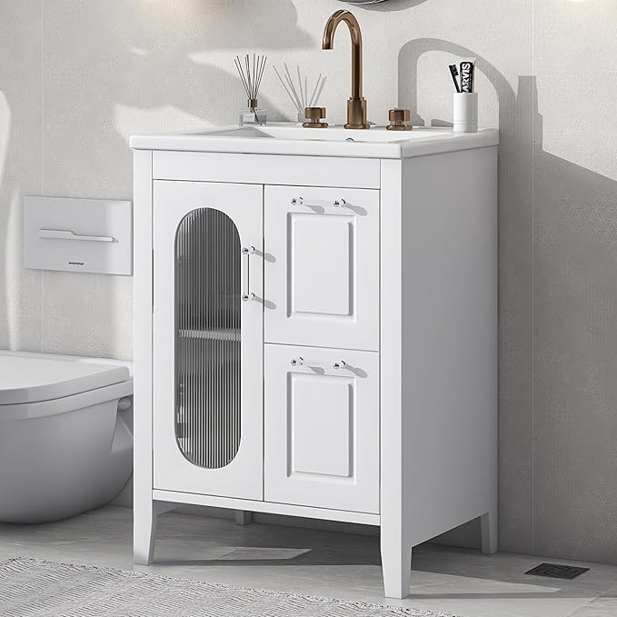 Harper & Bright Designs 24" Bathroom Vanity with Sink, Free Standing Single Basin Vanity Set with Two Drawers and Glass Door, Modern Wooden Bathroom Cabinet with Ceramic Basin for Bathroom, White