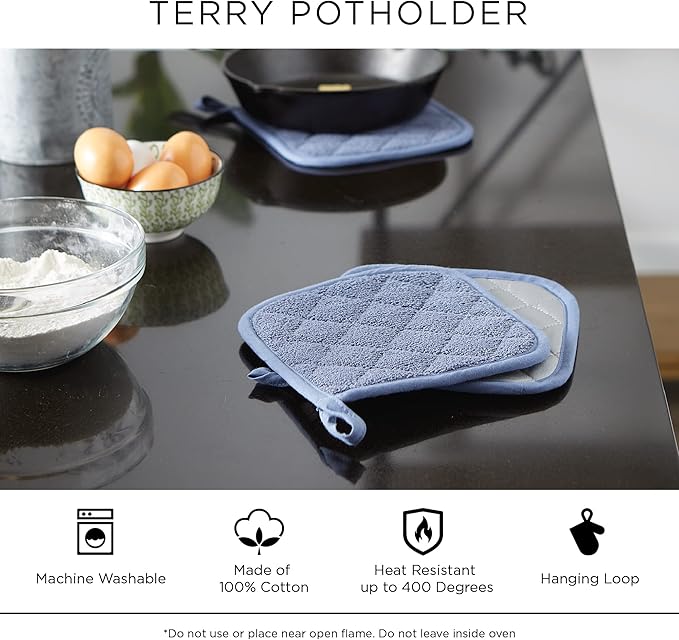 DII Basic Terry Collection Quilted 100% Cotton, Potholder, Aqua, 3 Piece