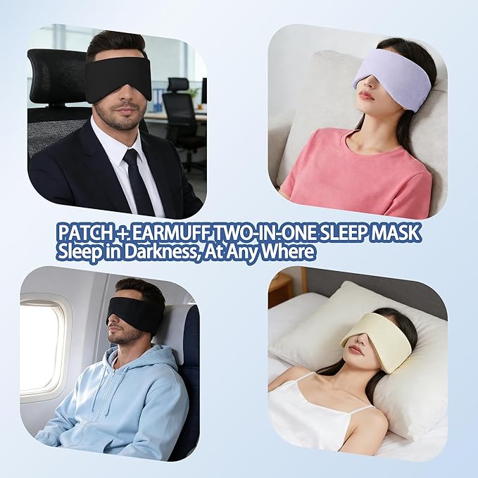 Reversible Warm & Cool Sleep Mask Wrap-Around Blackout Eye Masks for Side Sleepers Adjustable Unisex Eye Cover for Travel Office & Rest Black