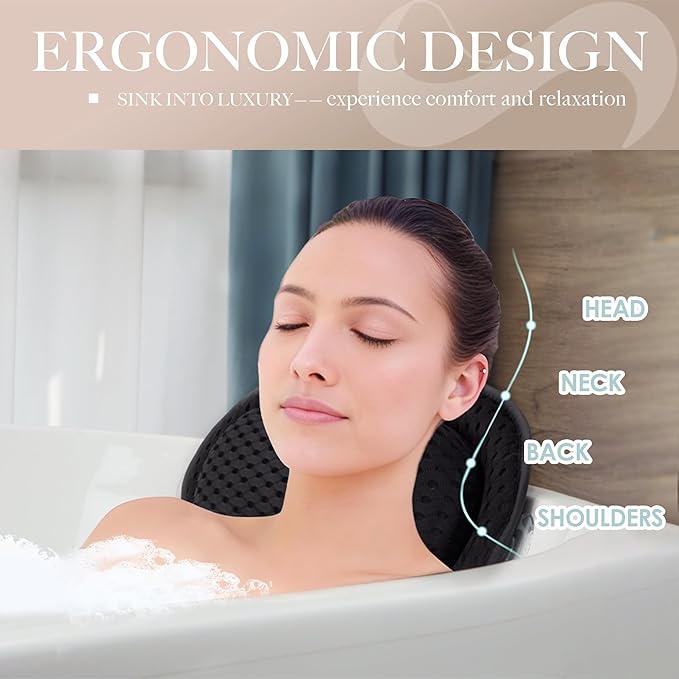 Bath Pillows for Tub Luxury, Bath Pillow for Head and Neck, Fit Bathtub Hot Tub Relaxing Gifts for Women, Comfort 4D Air Mesh Fabric & 6 Non-Slip Suction Cups, Black