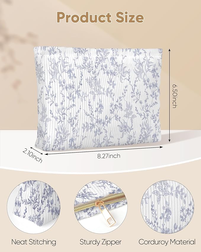 Elegant Blue Floral Makeup Pouch for Women Small Make Up Cute Flower Pattern Bag for Purse Zipper Initial Makeup Cosmetic Bags Pouches for Purse Aesthetic Travel Toiletry Bags