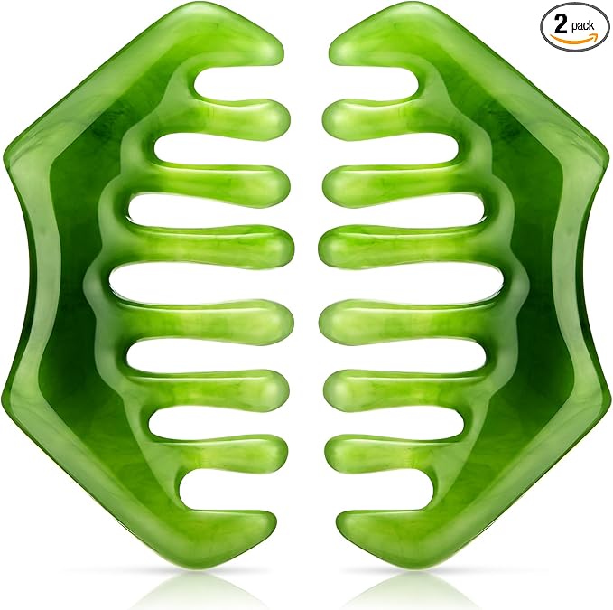 Geiserailie 2 Pcs Jade Combs Esthetician Supplies Massage Stone Hair Gua Sha Scraping Scalp Comb Facial Massage Tool Handheld Head Tools Head Caring Therapy Mother's Day for Women(Dark Green Style)