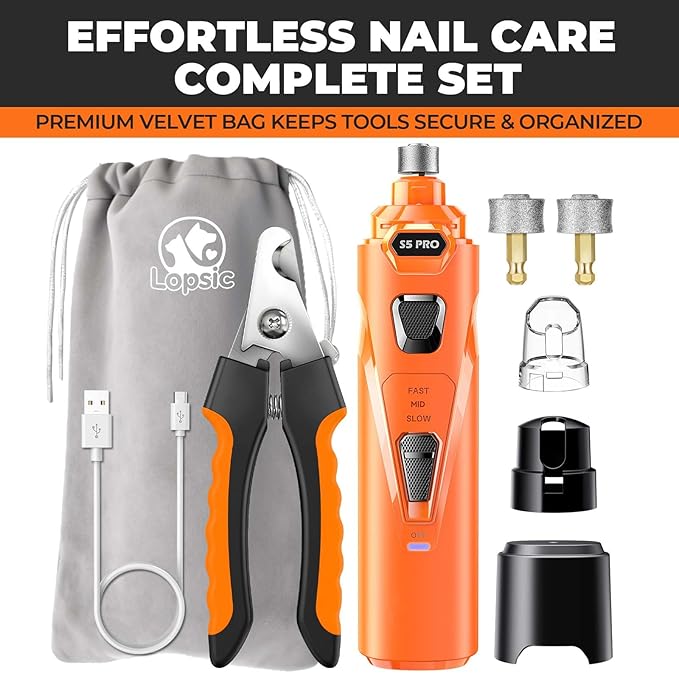 Whisper Quiet Dog Nail Grinder with LED Light, Safe & Stress-Free for Sensitive Dogs of All Breeds & Sizes, 3 Grinding Bits, 3-Speed, Pet Nail Trimmers, Rechargeable Painless Grooming Kit Orange