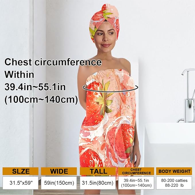 Women’s Strawberry Print Bath Towel and Hair Wrap Set, Soft Absorbent Microfiber Shower Body Wrap with Elastic Closure, Quick-Dry Lightweight Spa Towel Ensemble for Home, Gym & Travel (Strawberry 3)