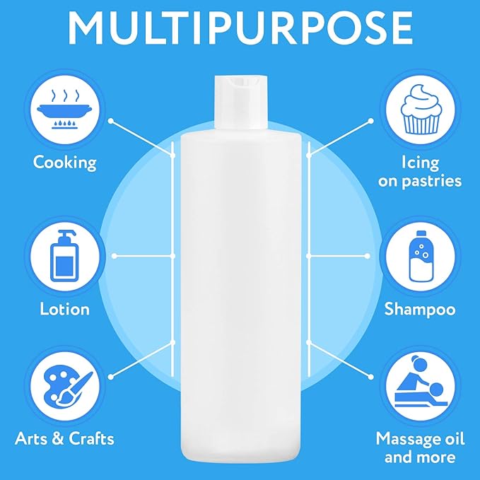 IMPRESA Round Plastic Bottles with Caps - Food-Grade Squeeze Bottles for Sauce, Condiments, Shampoo & Body Wash - 16 Oz, Pack of 3, Natural