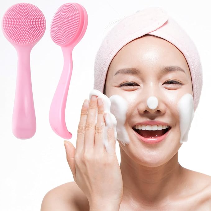 2 Pack Silicone Manual Facial Cleansing Brush, Skin Friendly Waterproof Face Cleaning Scrubber Exfoliator Cleanser for Blackheads Whiteheads Makeup Residues Removal- Pink