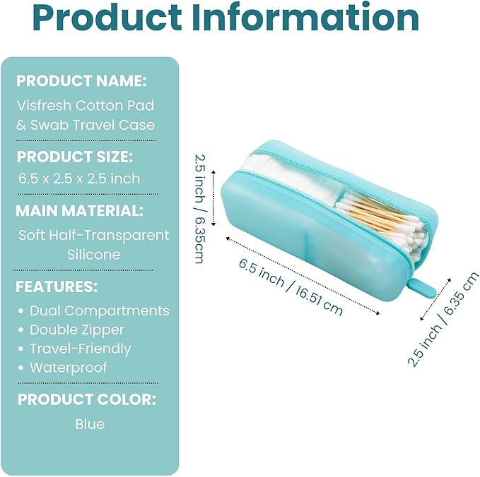 Cotton Pad Swab Travel Case – 2-in-1 Portable Waterproof Qtips Dispenser for Cotton Square Pad & Qtip, Floss, Bobbi Pin, Nail Kit, Hair Accessories Organizer TSA Compliance – VISFRESH (Blue)