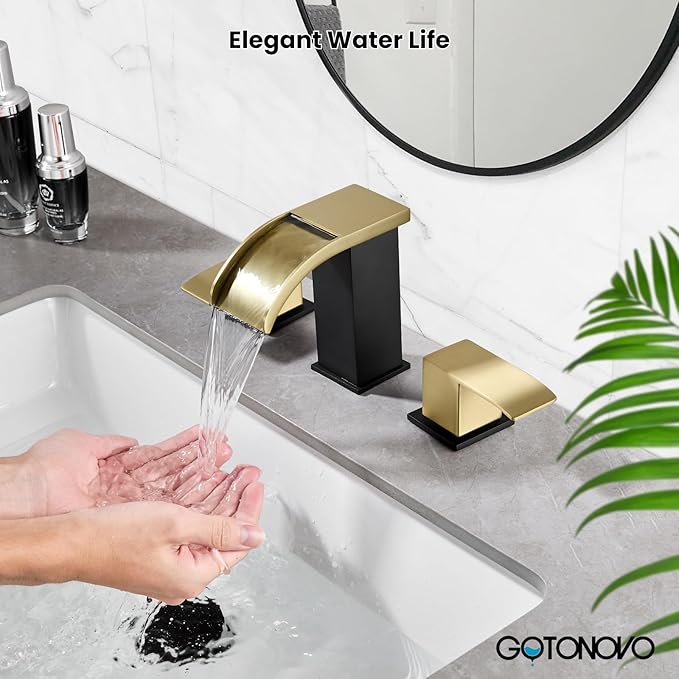gotonovo Waterfall 8 inch Widespread Bathroom Faucet Set Bathroom Sink Faucet 3 Hole 2 Handle Vanity Lavatory Deck Mount with Pop Up Drain and Water Supply Lines Square Body Gold and Matte Black