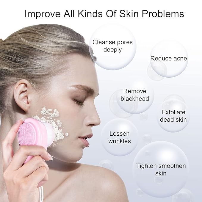 Facial Cleansing Brush 2 in 1 for Face Exfoliation, 2 Pack Soft Microfiber Bristle Brush for Pore Deep Cleansing, Dual Face Silicone Scrubber Brush for Skincare with Lid, Pink