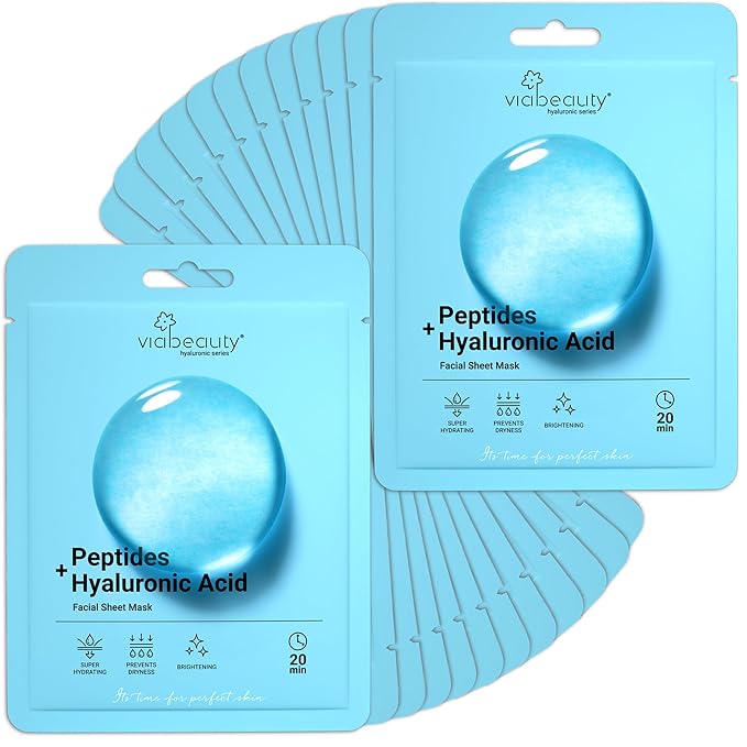 24 Pack of Hyaluronic Acid Face Mask with Peptides Complex - Deep Hydrating & Brightening Facial Sheet Mask - Moisturizing Face Masks Skincare Facial Sheets for All Skin Types