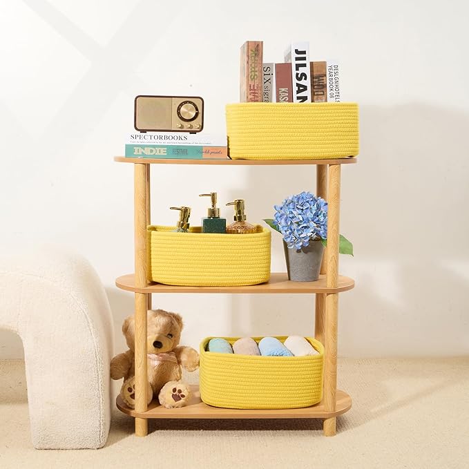 Small Storage Baskets for Organizing | Closet Organizer Bins | Shelf Toy Basket | Woven Rope Baskets | Cube Decorative Box | Shallow Basket | 13x8.5x5.1” | 3 Packs Yellow
