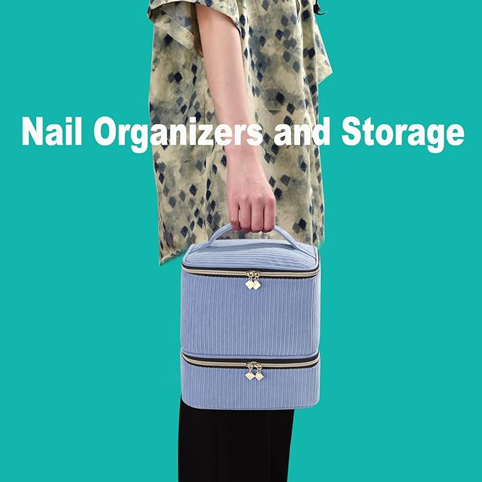 Corduroy Nail Polish Organizer and Nail Lamp Case, Nail Kit Organizer Holds 30 Bottles (15ml - 0.5 fl.oz) and a Nail Lamp, Nail Polish Carrying Case with Manicure Tools Storage Sections (Blue)