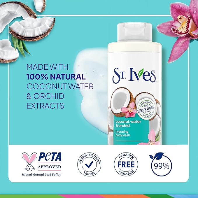 St. Ives Body Wash, Coconut Water & Orchid Hydrating Shower Gel 2-Pack, 100% Natural Extracts, Cruelty-Free, 22 Oz Ea
