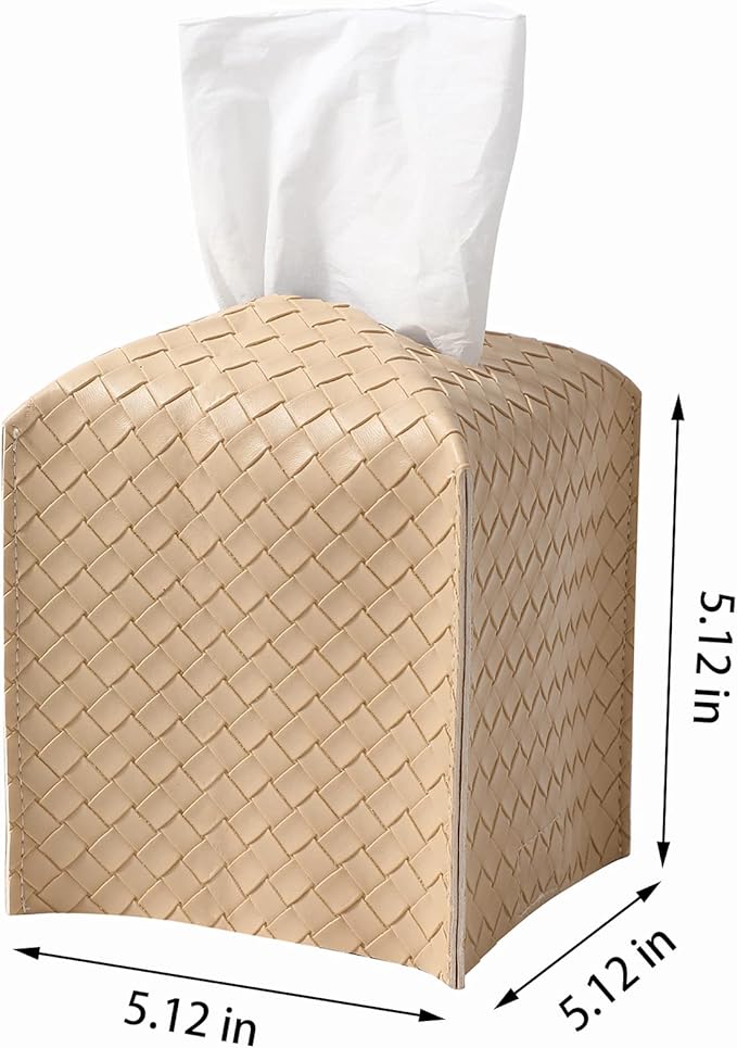 Tissue Box Cover PU Leather Tissue Holder Square Facial Tissue Case Facial Paper Organizer Dispenser for Bathroom, Vanity Countertop, Tabletop, Car, Rice Apricot
