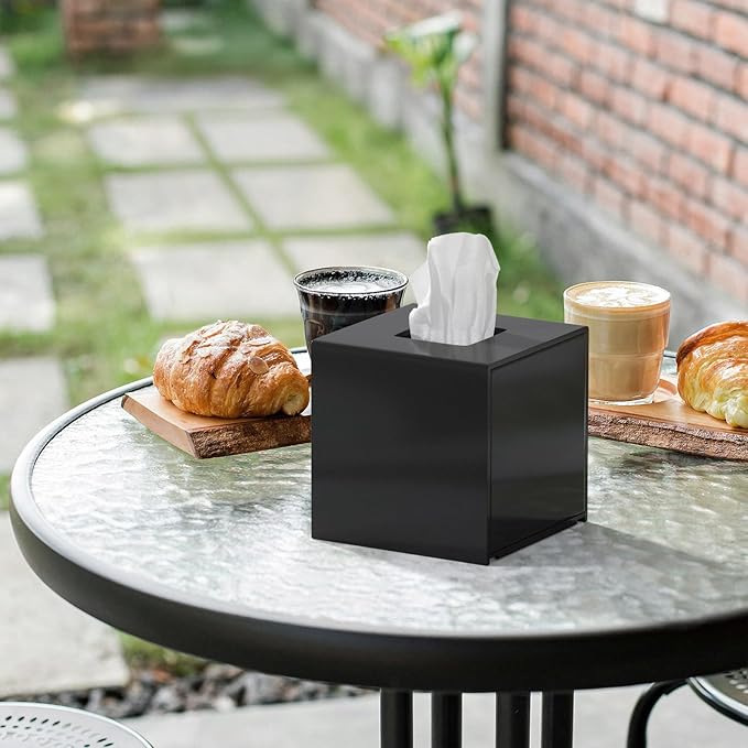 FEMELI Acrylic Tissue Box Cover Square - Matte Solid Cube Napkin Holder with Magnetic Bottom, Modern Decorative Facial Paper Dispenser for Bathroom, Bedroom, Kitchen - Black