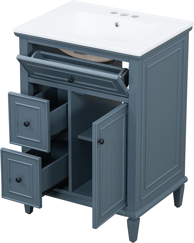 Harper & Bright Designs 24" Bathroom Vanity with Sink, Free Standing Single Basin Vanity Set with Tip-Out Drawer, 2 Drawers, and One Door, Storage Cabinet with Ceramic Basin for Bathroom, Blue Grey