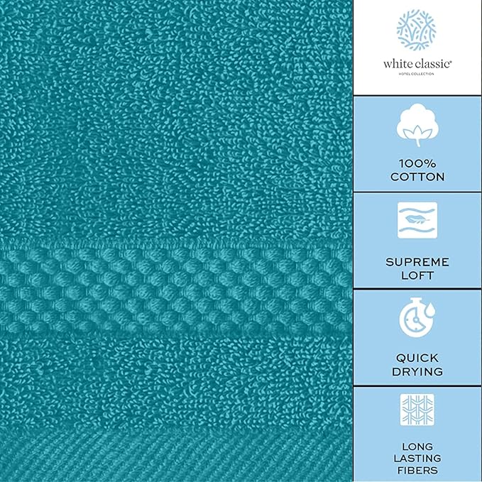 White Classic Luxury Cotton Washcloths 13x13 Inch - 650 GSM Turkish Cotton | Hotel, Spa, Bathroom Face Towel | 12 Pack, Aqua Blue