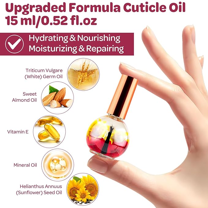 JIASHENG Cuticle Oil, Cherry Scented Cuticle Nail Oil Infused with Real Flowers, Hydrates, Moisturizes, Strengthens, Repairs, Revitalizing Cuticle Oils for Nails Damage Dry Cuticle, 15ml