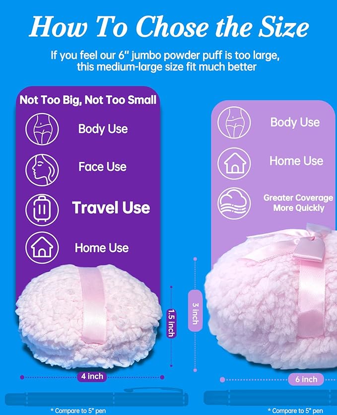 4" Large Powder Puff, Soft Fluffy Powder Puff for Body and Container, Even Application, Washable, Travel Pack, Light Pink