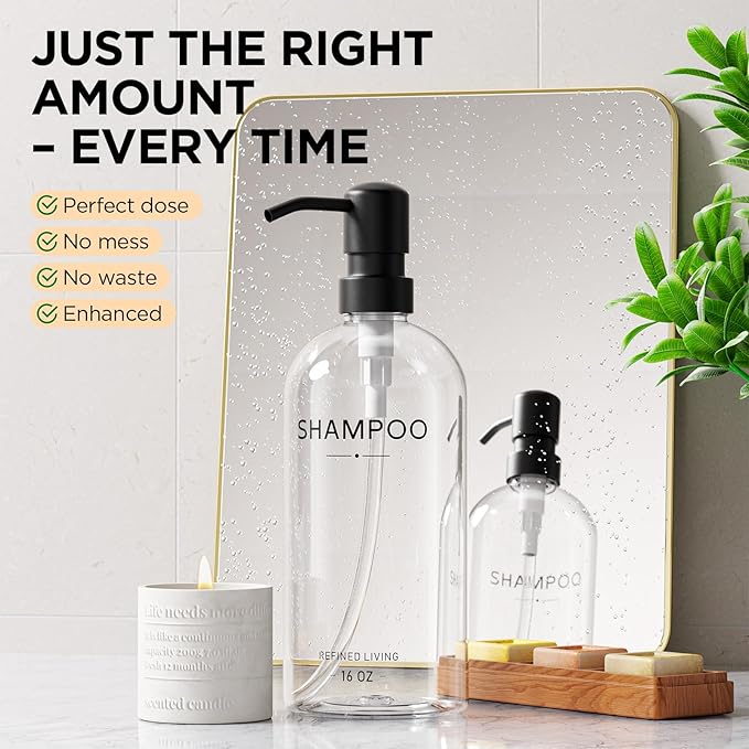 Shampoo and Conditioner Dispenser Set,3 Refillable 16oz Bottles with Stainless Steel Pumps – Shower Soap Dispensers for Bathroom, Hotel or Airbnb (Transparent, 3-Pack)
